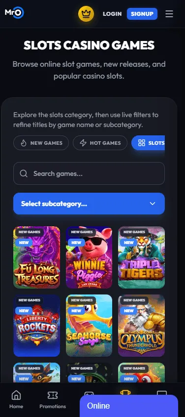 Mr. O Casino casino content on a mobile device