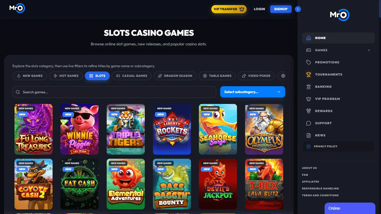 Mr. O Casino casino content on desktop