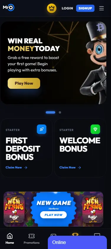 Mr. O Casino home page on a mobile device