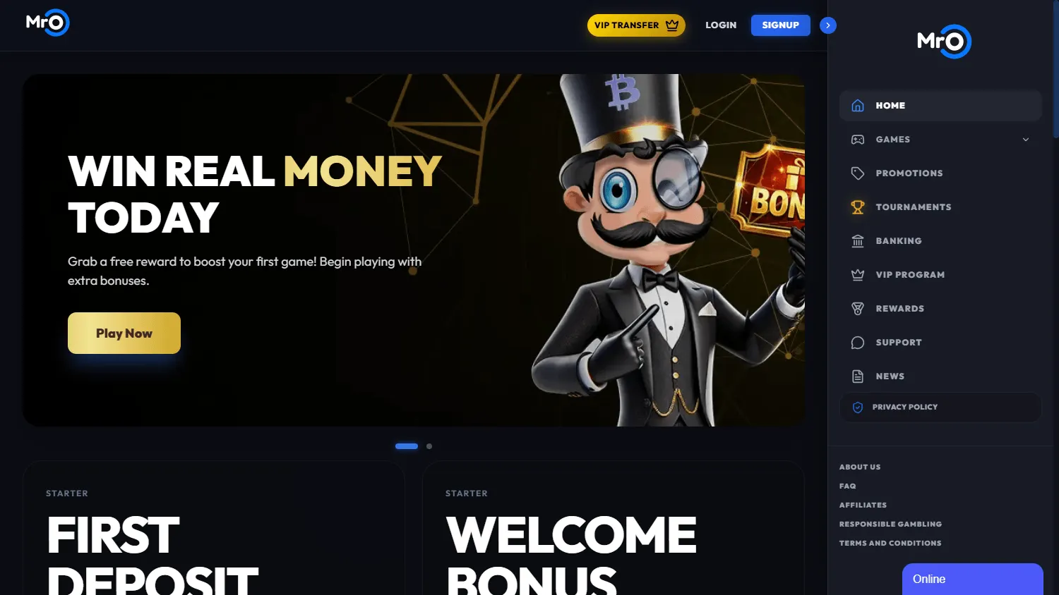 Mr. O Casino home page on desktop