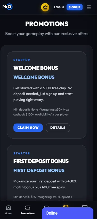 Mr. O Casino promotions on a mobile device