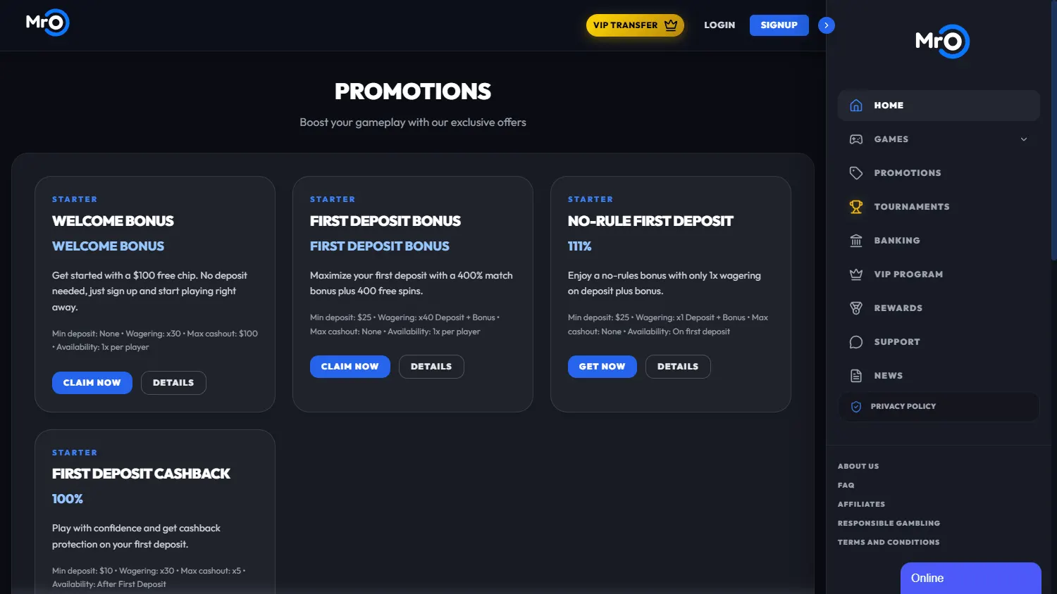 Mr. O Casino promotions on desktop